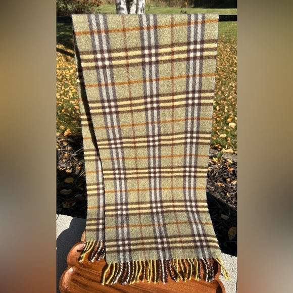 Burberry Accessories - Vintage Burberrys of London Cashmere Green Brown Tan Plaid Scarf EUC